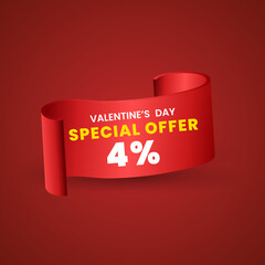 4 percent Special red offer banner design, Red ribbon on red background used in product price tag or banners concept. special Valentine Day. Vector illustration