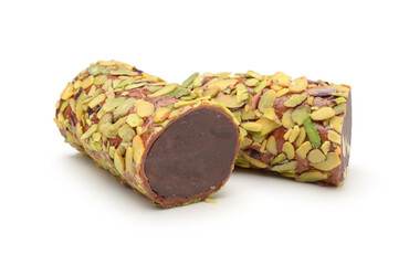 Chocolate roll with nuts isolated.