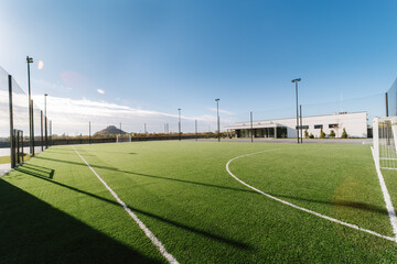 Soccer field and stadium. The morning before the match. Wide angel, general view of the field