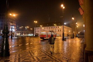 Fototapeta na wymiar PRAGUE, CZECH REPUBLIC Panorama of The Republic Square in Prague at night