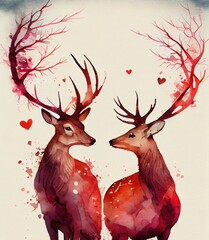 Deer in love with heart-shaped antlers, watercolor Valentine’s Day couple ,made with Generative AI