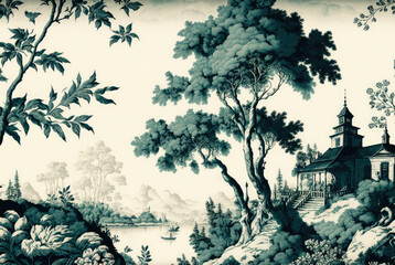 Toile de Jouy pattern background in green and white with a pastoral theme including a lake, trees, nature and a manor. Created with Generative AI. - obrazy, fototapety, plakaty