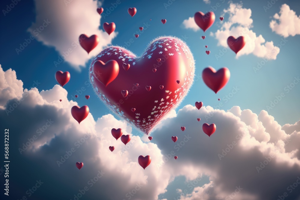 Poster beautiful colorful valentine day heart in the clouds as abstract background ,made with generative ai