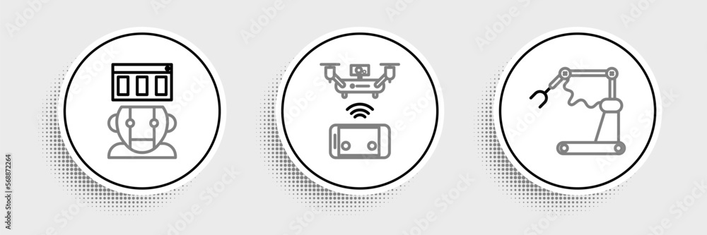 Poster set line industrial machine robotic robot arm hand factory, robot and remote aerial drone icon. vect