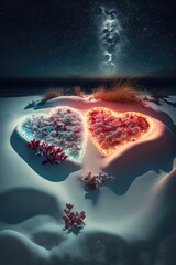 Heart at night at the beach with a rose. Love valentine and nature concept ,made with Generative AI