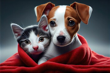 Adorable puppy and kitten with red blanket. Valentine's Day background ,made with Generative AI