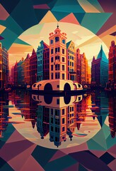 Abstract illustration of Amsterdam landmarks ,made with Generative AI