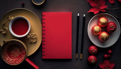 greeting card for chines new year Day, red chines new year on table with copy space, Flat lay. by ai generative
