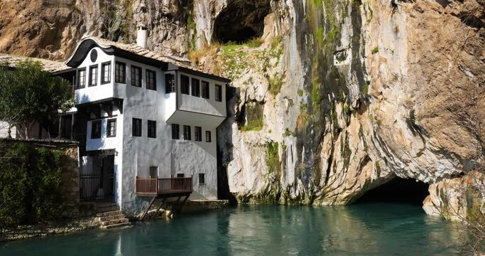 View of Tekija in Blagaj in BiH. The Tekija, dervish house, set at the source of the river Buna, was and still is a venue for dervish Zikr praise-chanting three nights weekly.