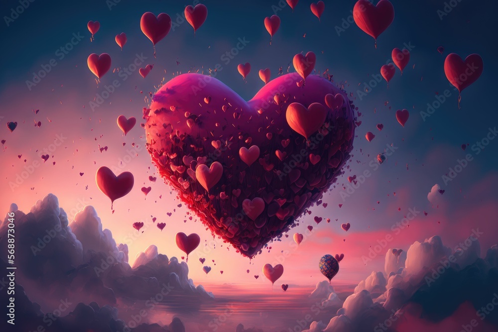 Poster beautiful colorful valentine day heart in the clouds as abstract background ,made with generative ai