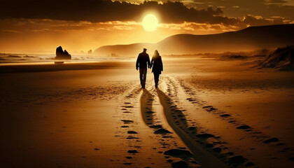 Fototapeta na wymiar Couple waling on the beach at sunset.