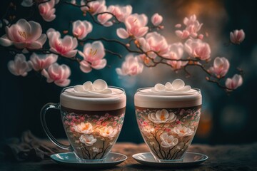 Obraz na płótnie Canvas Artistic beautiful romance two cups of latte coffee or chocolate serve with cherry blossom flower branch, spring season and national spring festival theme drink ,made with Generative AI