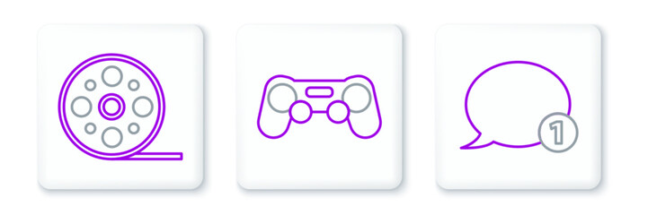 Set line Speech bubble chat, Film reel and Gamepad icon. Vector