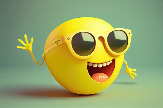 Smiley Face In Sunglasses, Funny Lemon Fruit Character Design Generative Ai