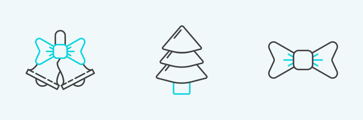 Set line Bow tie, Merry Christmas ringing bell and tree icon. Vector