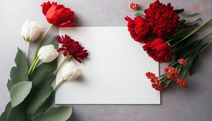 Obraz premium red floral on table with copy space, greeting card for International valentines Day. Flat lay by ai generative 