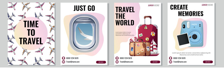 Naklejka premium Travel social media post and web banner template design with red accent. Set of web banner, flyer or poster for travel, tourism company, offer promotion.