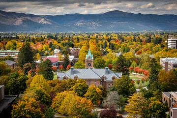 View of UM bell tower from Mount Sentinel in Missoula, Montana - obrazy, fototapety, plakaty