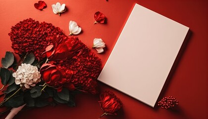 Greeting card with copy space and red flowers on red paper background, top view by ai generative