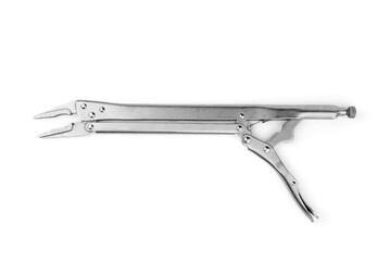 Elongated locking pliers isolated on white background.