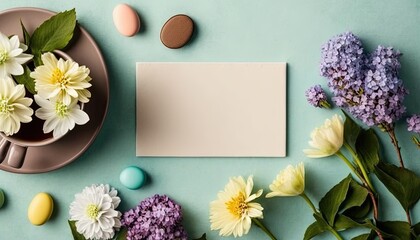 Top view blank paper Notebook, floral and blank greeting card in pastel color. Top view over table, mockup greeting card by ai generative