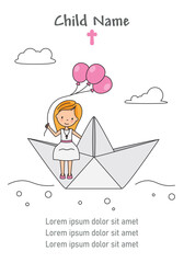 Card my first communion. Girl in paper boat with a balloons	
