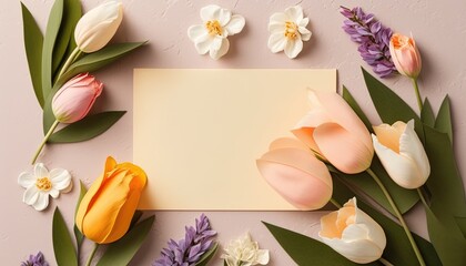 Top view blank paper Notebook, tulips flowers and blank greeting card in pastel color. Top view over table, mockup greeting card by ai generative