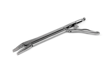 Elongated locking pliers isolated on white background.