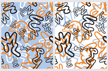 Abstract Hand Drawn Graffiti Style Vector Patterns.Orange,White and Black Lines and Zig zags on a White and Light Blue Background. Modern Messy Geometric Seamless Pattern. Irregular Freehand Print.