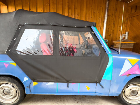 Old, colorful Trabant converted to a convertible