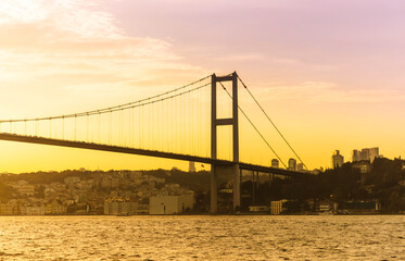 A view on the shores of Bosphorus and 15 July Martyrs Bridge in Istanbul, Turkey