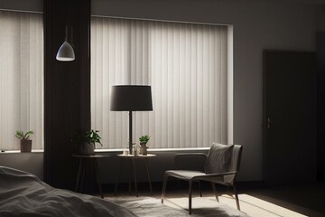 pvc window and vertical blinds in apartment room. Generative AI - obrazy, fototapety, plakaty