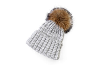 Gray winter hat with pompom isolated on white background.