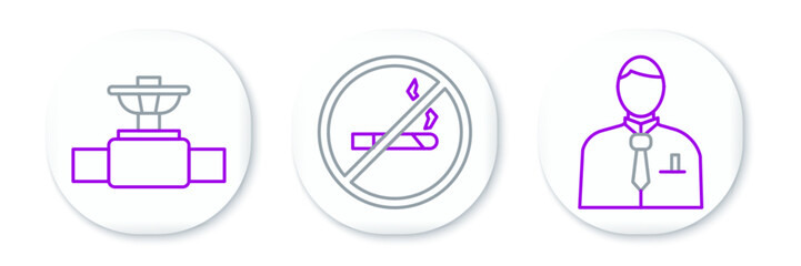 Set line Businessman or stock market trader, Industry pipe and valve and No Smoking icon. Vector