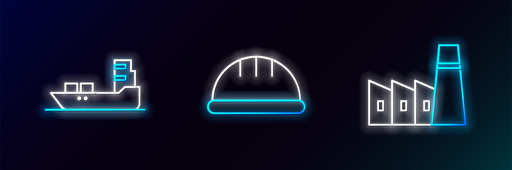 Set line Oil industrial factory building, tanker ship and Worker safety helmet icon. Glowing neon. Vector