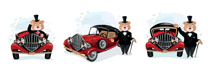 A teddy bear in a black tuxedo, a hat and a bow tie on a red convertible. Retro fashion and cars in cartoon style. Set of vector illustrations.