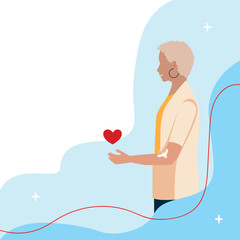 Blood donor. A volunteer at a medical center donates blood. Blood donation. World Blood Donor Day. Thanks for saving lives. Vector illustration template for postcard, poster, media.