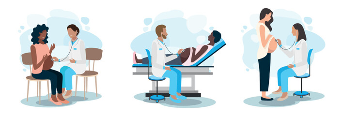 Vector set of happy pregnant woman at the doctor's appointment. Examination, consultation and examination during pregnancy. Vector illustration in a flat style.