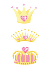 Princess crown or tiara with pearls and pink gems in the shape of a heart. Set of vector illustrations of princess jewels in cartoon style isolated on white background.