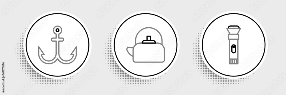 Poster set line flashlight, anchor and kettle with handle icon. vector
