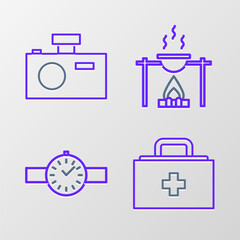 Set line First aid kit, Wrist watch, Campfire and pot and Photo camera icon. Vector