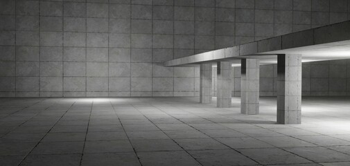 Empty modern interior, concrete walls, concrete pillars, industrial interior. 3d rendered