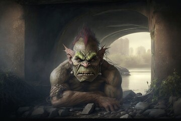 A troll with a hulking form and a scowling expression, hiding under a bridge and waiting for its next victim.Digital art painting,Fantasy art,Wallpaper. Generative ai.