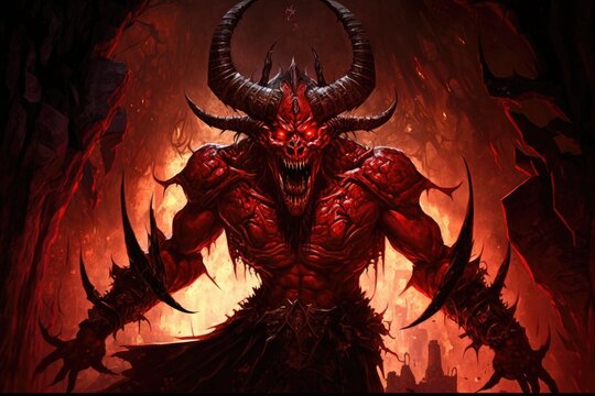 A demon with red skin and sharp claws, roaming the underworld and tormenting souls.Digital art painting,Fantasy art,Wallpaper. Generative ai.