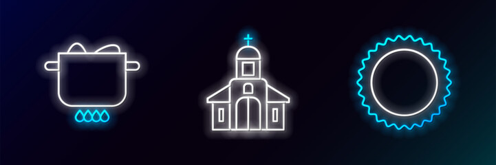 Set line Sun, Egg in hot pot and Church building icon. Glowing neon. Vector