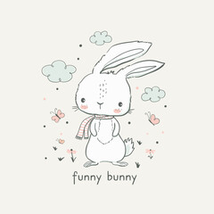 Little bunny. Hand drawn cartoon vector illustration for kids. Cute rabbit. Perfect for baby t-shirt print, kids wear