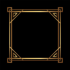Art Deco Gold Square vector frame on black. Isolated metal border with empty space