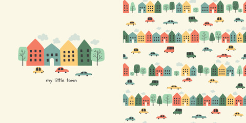 Fototapeta na wymiar My little town. Seamless pattern with hand drawn town landscape and shirt design for kids. Cartoon hand drawn background with houses, cars, roads and trees
