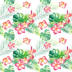 Badezimmer Foto Rückwand A pattern of tropical plants and plumeria. Monstera. The palm branch. Watercolor illustration. Nature of the tropics. Collage of monstera and palm trees. Mosaic. © Marina