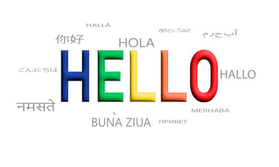 Lettering colorful 3d HELLO in different languages